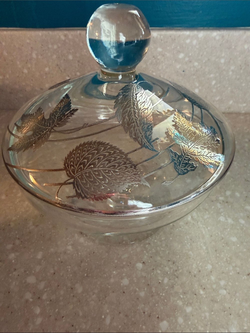 Vintage Glass Lidded Candy Dish with Gold Leaf Motif